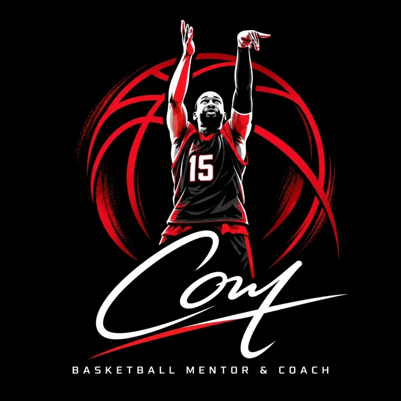 Cory McGee, Basketball Mentor and Coach, illustrated in red and black shooting a free throw in jersey number 15